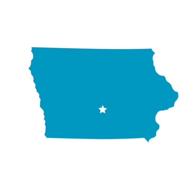 Blue silhouette of the state of Iowa with a star marking the capital, Des Moines.