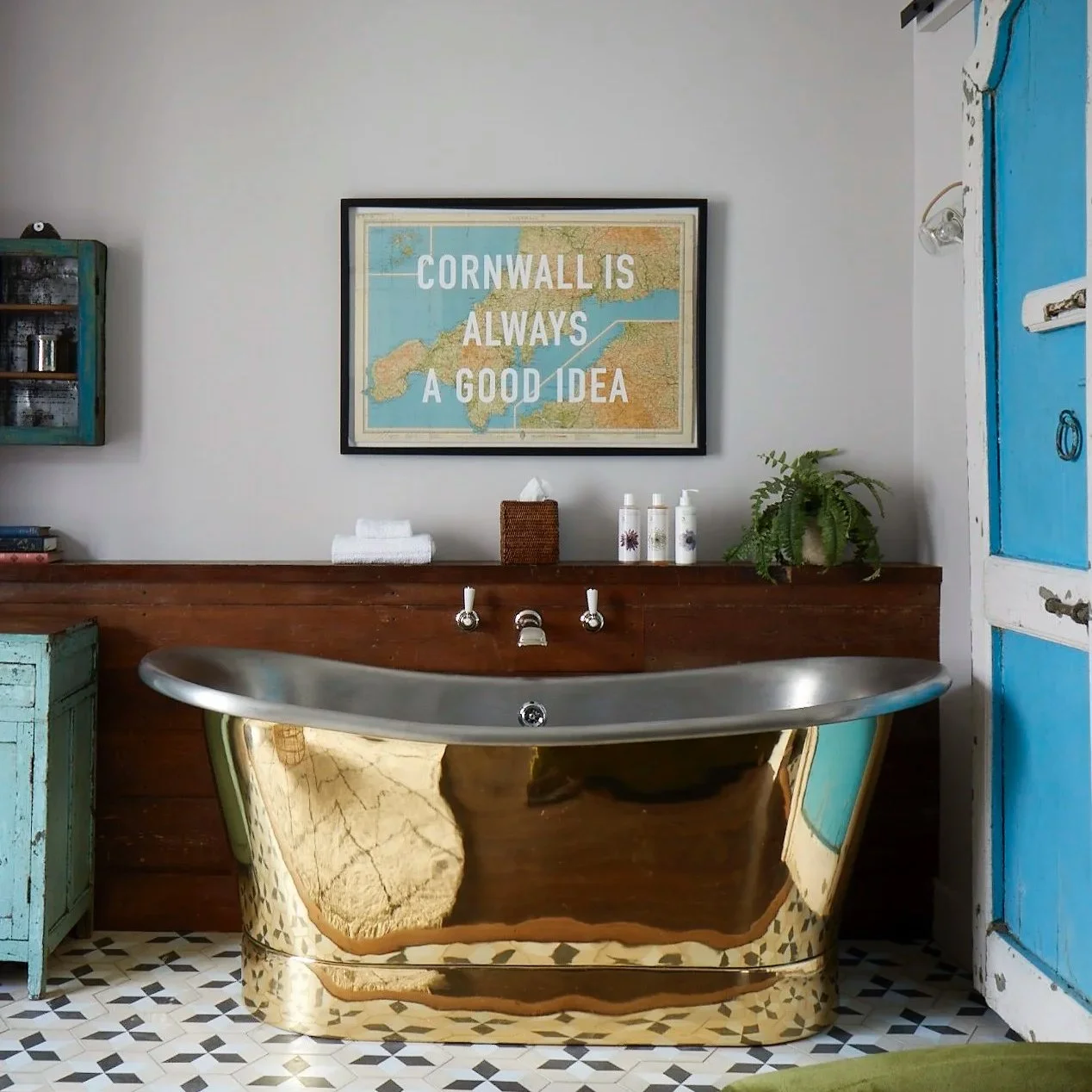 Artist Residence Penzance, where Cornwall is always a good idea - a statement brass bath, coastal blues and laid-back character made for slow seaside stays.