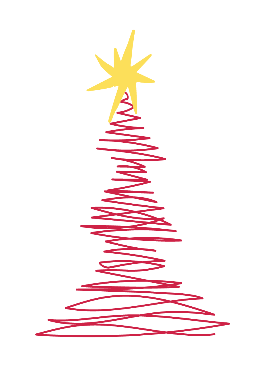 A stylized Christmas tree made of red squiggly lines with a yellow star on top.