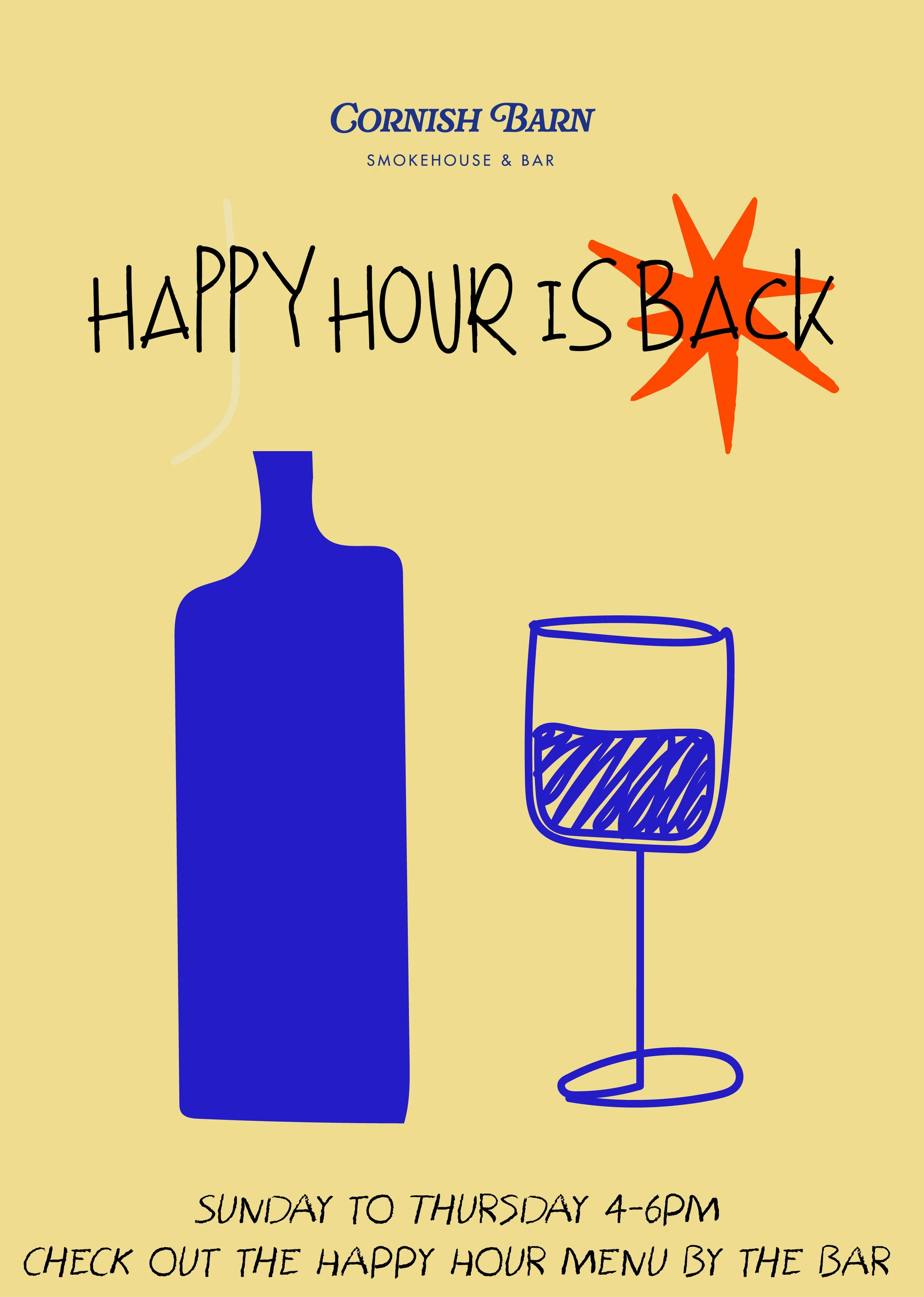 A promotional poster for Cornish Barn Smokehouse & Bar announcing happy hour from Sunday to Thursday, 4 to 6 pm. The background is beige with hand-drawn illustrations of a blue bottle and a glass of wine, and text that reads "HAPPY HOUR IS BACK" with a red starburst behind the word "BACK."