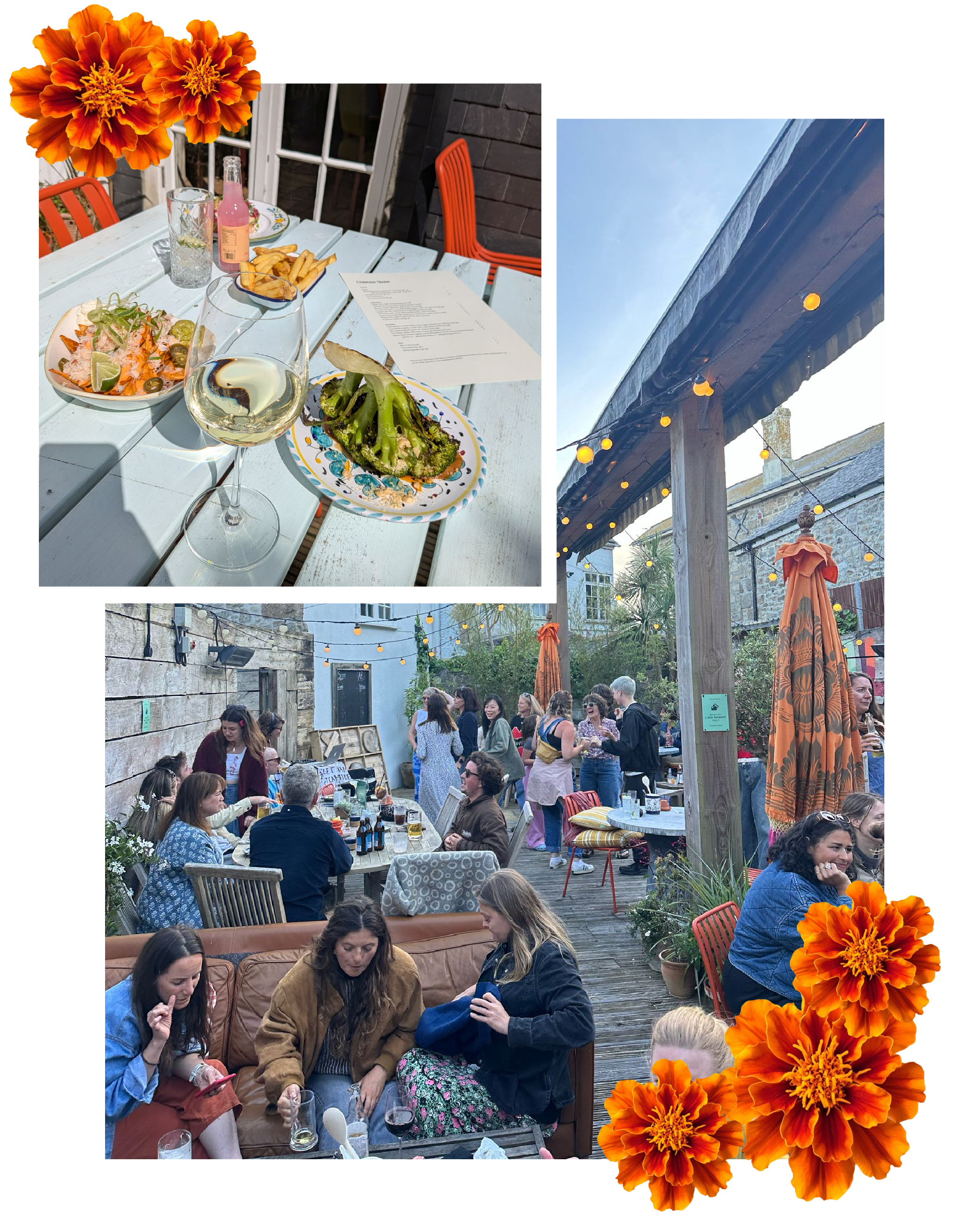 An outdoor gathering at a restaurant or bar with string lights, wooden furniture, and a group of people socializing and enjoying drinks. The inset shows a table with plates of food, wine, and condiments.