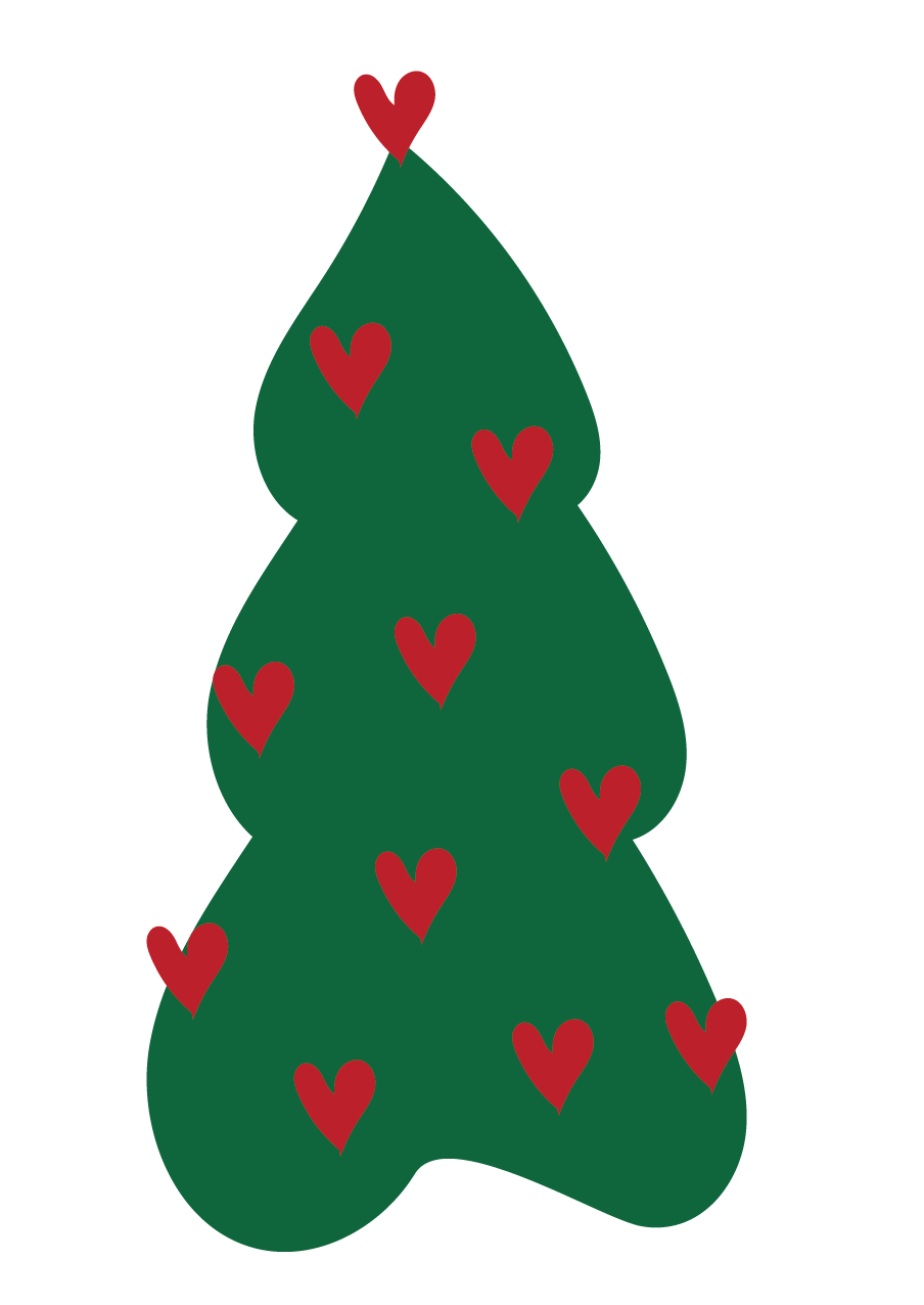 A cartoon Christmas tree with red hearts as ornaments.