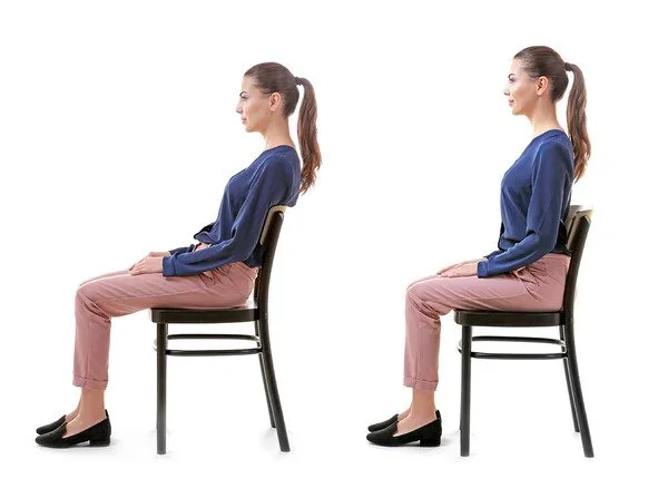 woman sitting in chair with both good and bad posture with Spearfish Chiropractor Dr. Zach Hansen