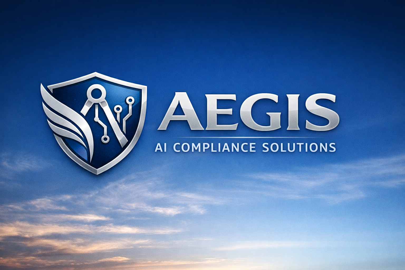 Logo of AEGIS AI compliance solutions, featuring a shield with a magnifying glass and circuit lines, set against a blue sky background.