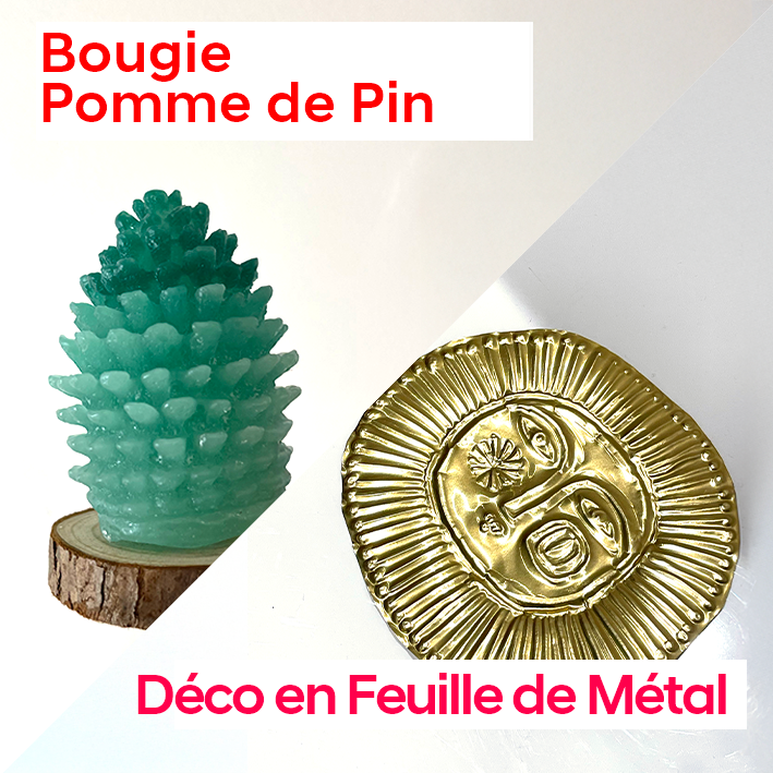 13h45 : Bougie Pomme de Pin (ENFANTS à partir du CE1) // Soir : Décoration murale en Feuille de Métal Doré (ADULTES)