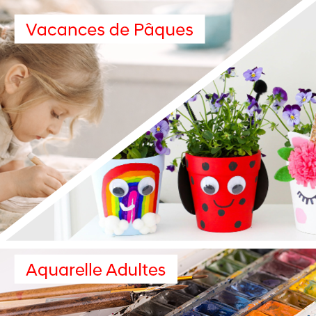 VACANCES SCOLAIRES : matin = Modelage Enfants • après-midi = Bricolages Enfants • Soir = Atelier Aquarelle pour les Adultes