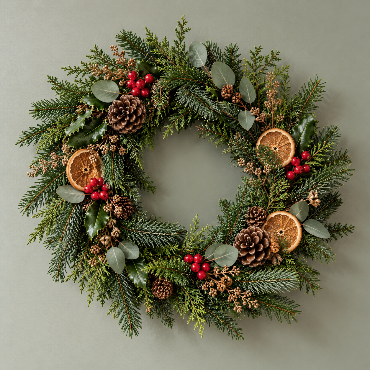 Couronne de Noël naturelle sur fond vert mat.png