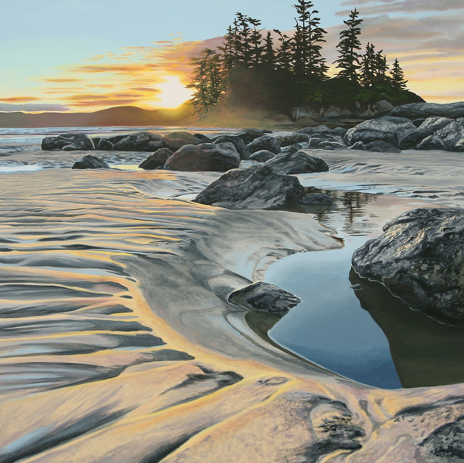 A coastal scene at sunset with a rocky shoreline, calm water, and a forested island in the background.