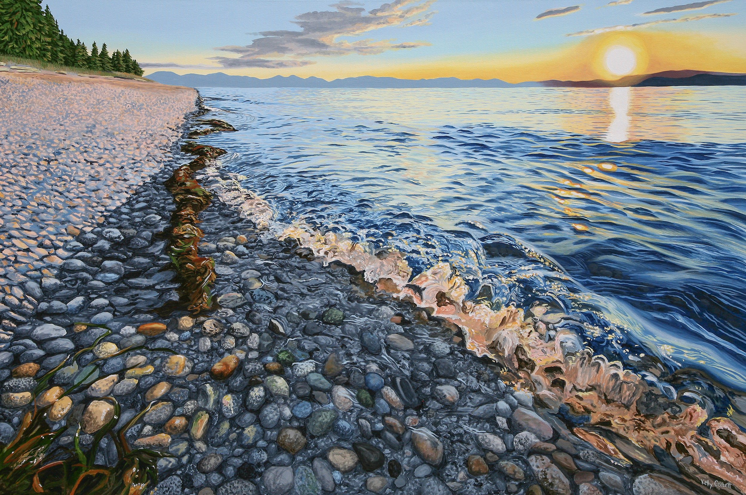 A scenic painting of a rocky beach at sunset, with calm water reflecting the sun and distant mountains. Green trees line the shore on the left.