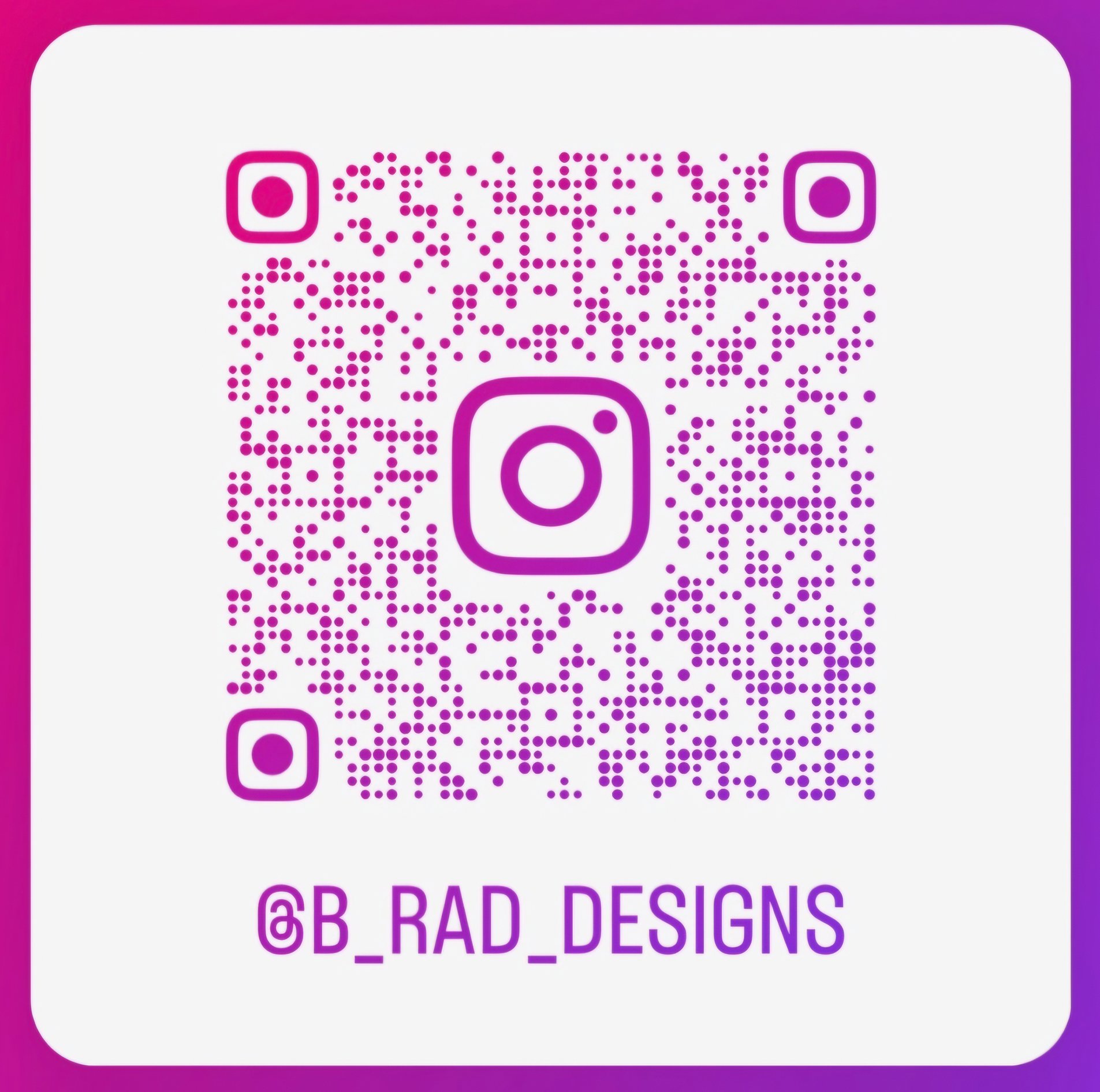 Instagram QR code with the handle @B_RAD_DESIGNS and a purple and white color scheme.