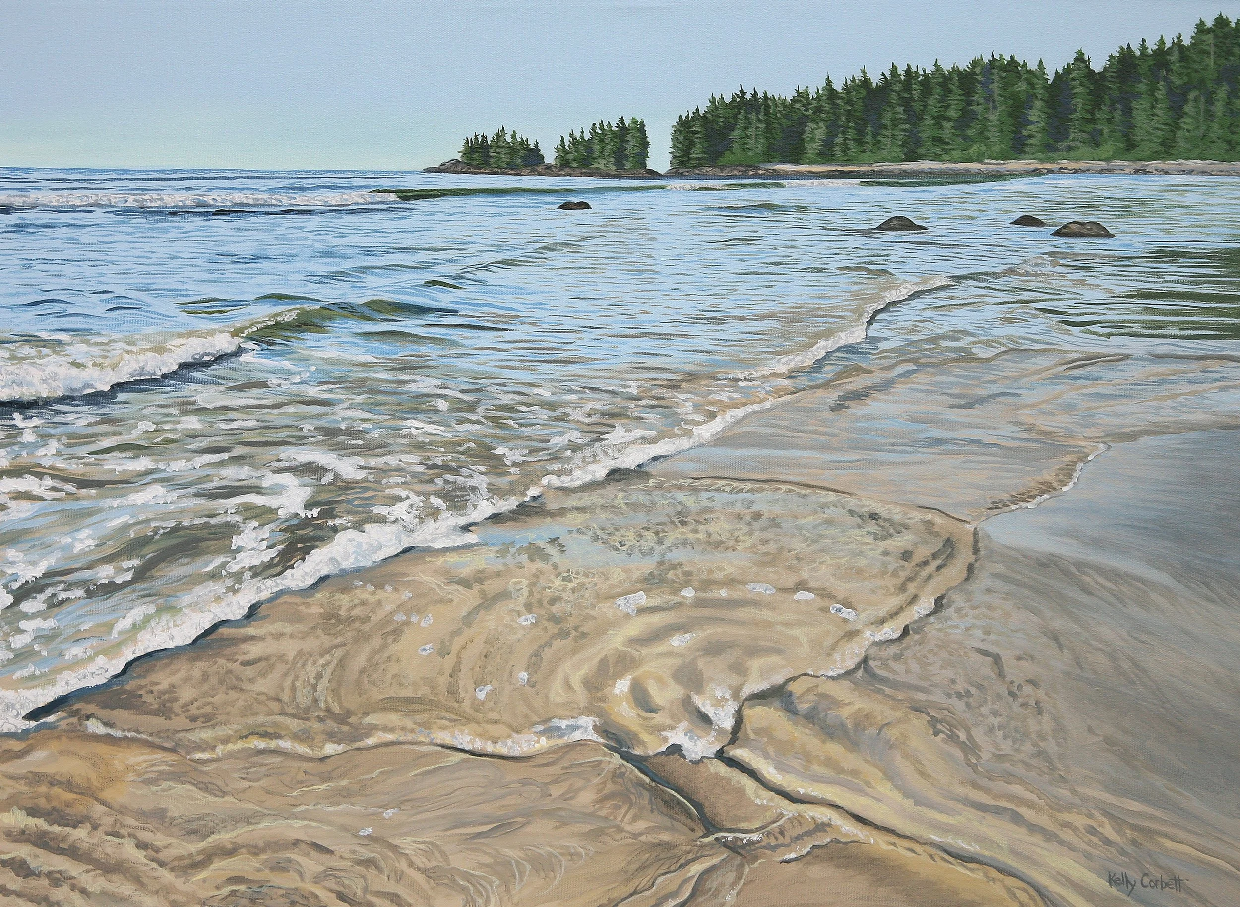 A painting of a beach scene with gentle waves lapping onto the sandy shore. Green trees line the distant shoreline under a clear sky.