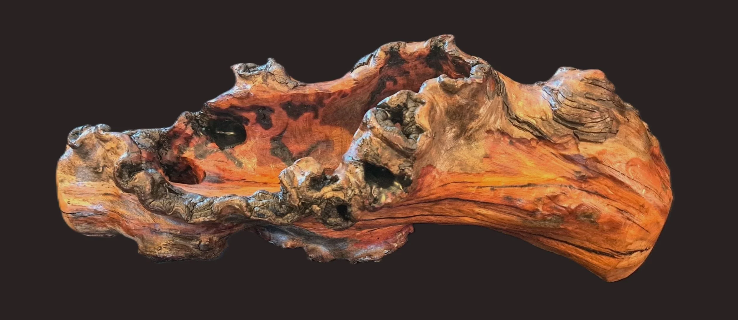 A polished, irregular piece of reddish-brown wood with natural knots and grain patterns, set against a dark background.