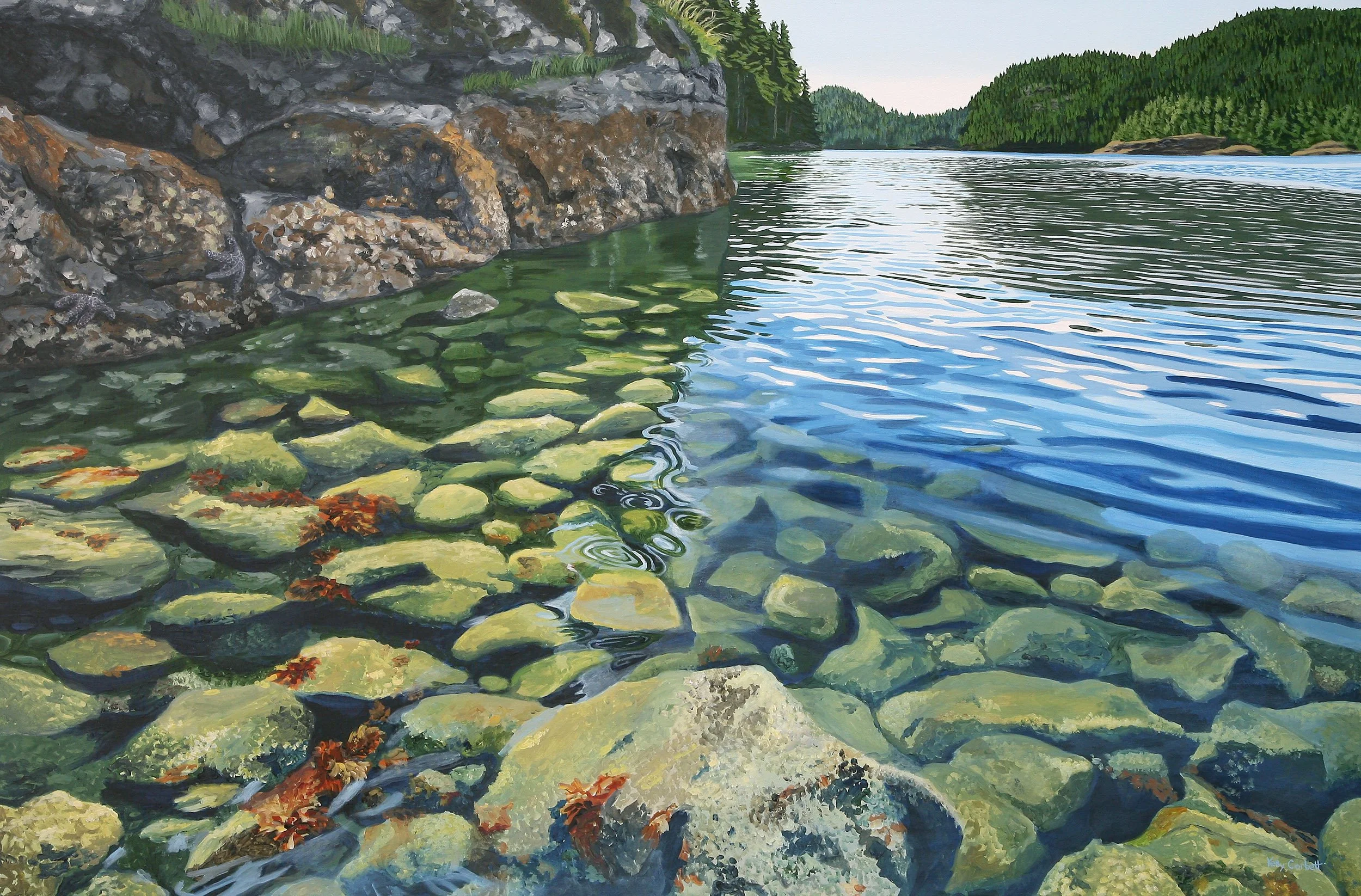 A painting of a river with clear water, exposing green and yellow rocks beneath. On the left side, rocks and small plants grow along the riverbank, and the water ripples gently toward distant forested hills.