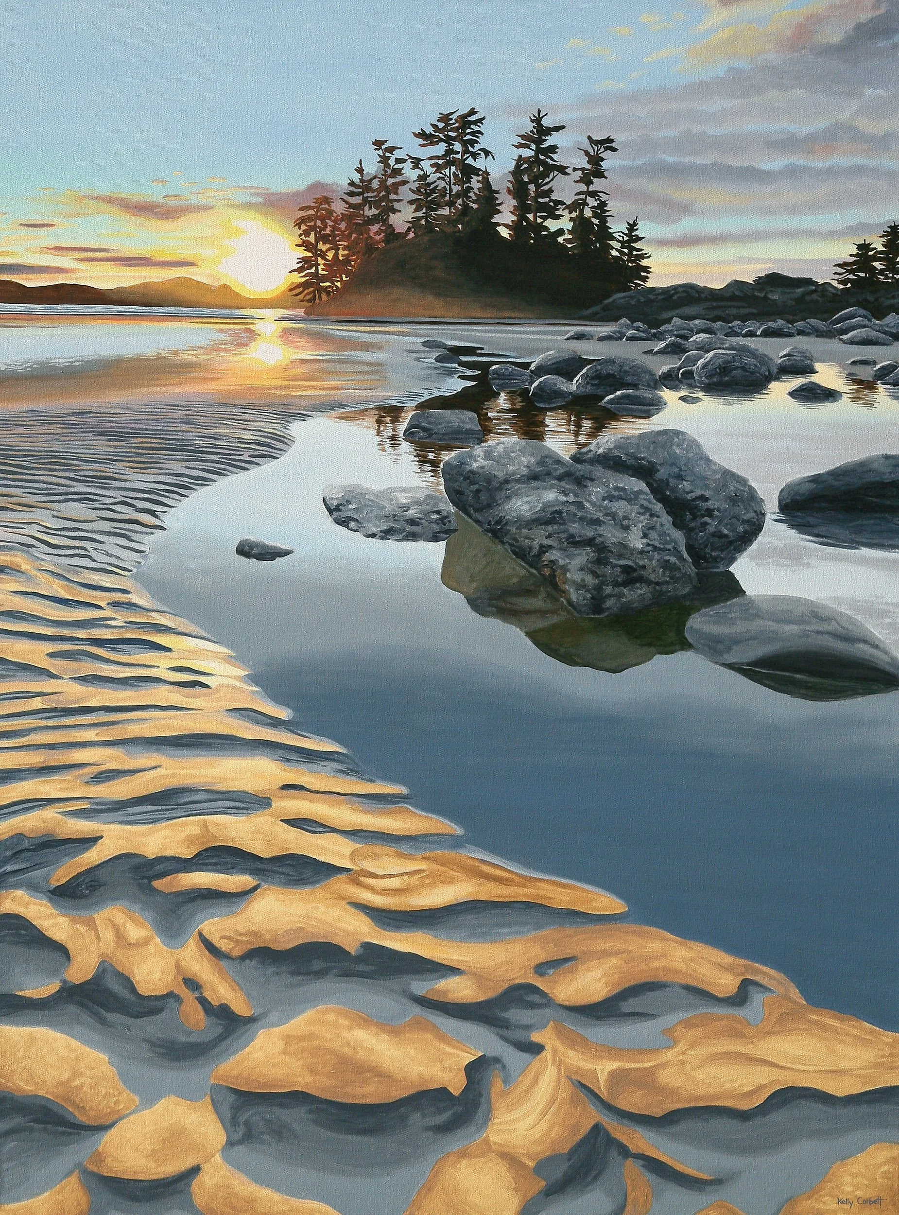 A scenic painting of a sunset over a rocky shore with calm water reflecting the sky and rocks, and trees on a small island in the background.