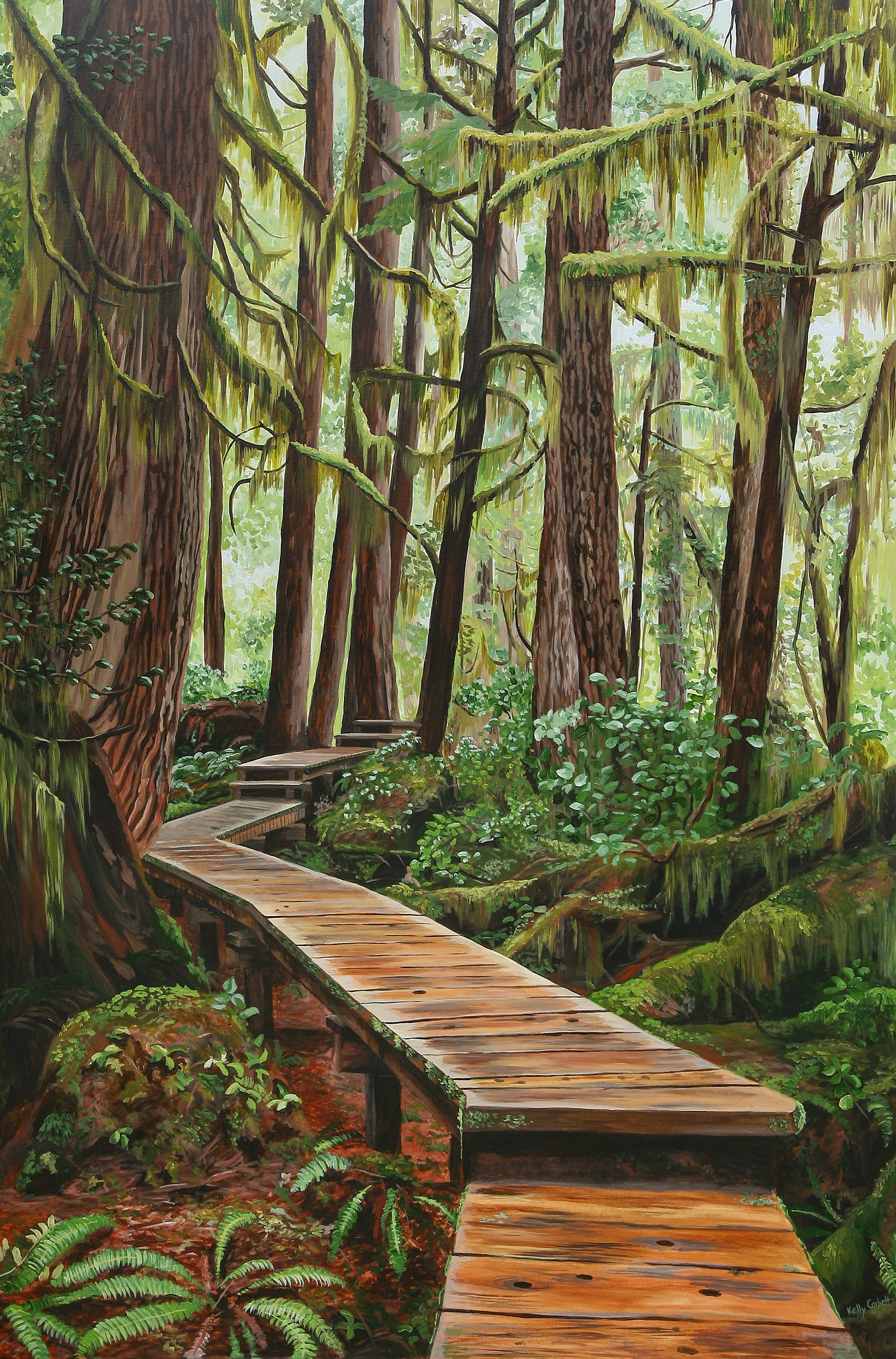 Painting of a forest trail with a wooden walkway surrounded by tall trees and green foliage.