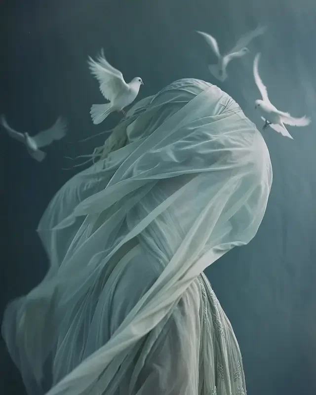 White fabric billowing in the air with white doves flying around from above.