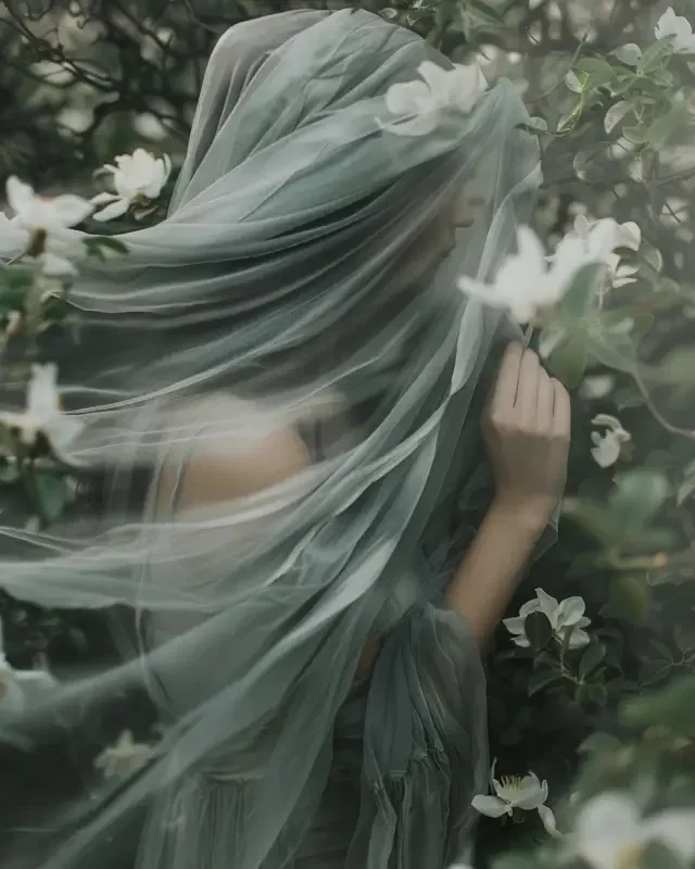 A woman with long, flowing hair wearing a sheer, light-colored veil or shawl surrounded by white flowering bushes.