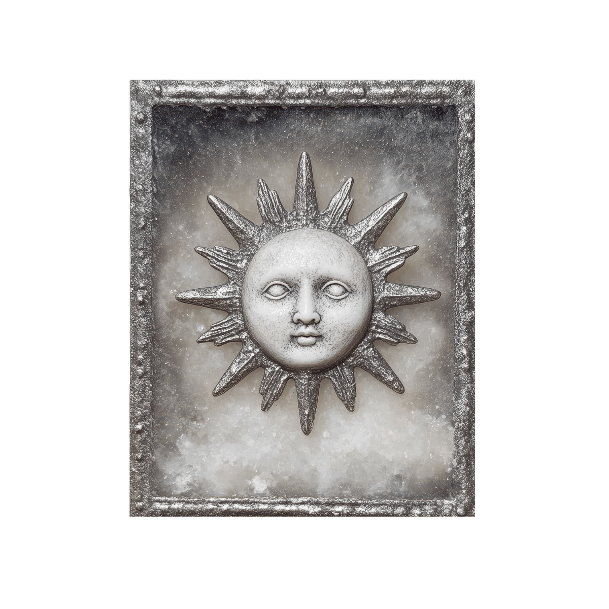 Decorative metallic sun with a human face, set in a square frame against a black background.