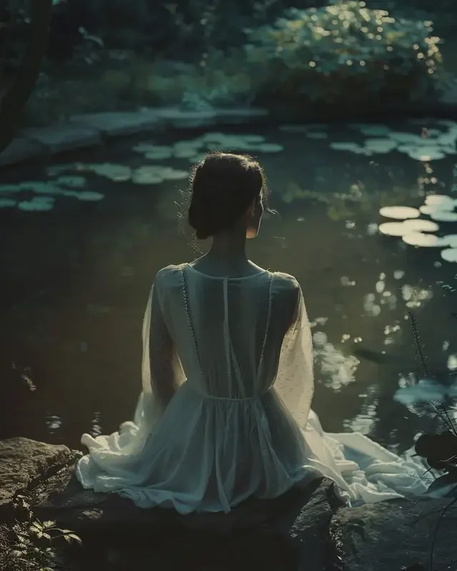 A woman in a white dress sitting on rocks by a pond with lily pads, surrounded by trees, during sunset or sunrise.