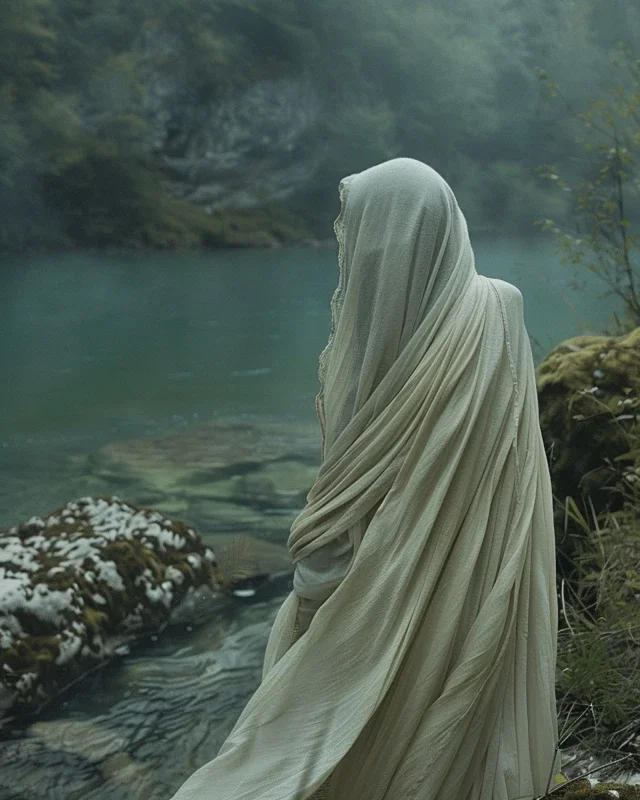 A person dressed in light-colored robes sitting near a body of water surrounded by trees and rocks.