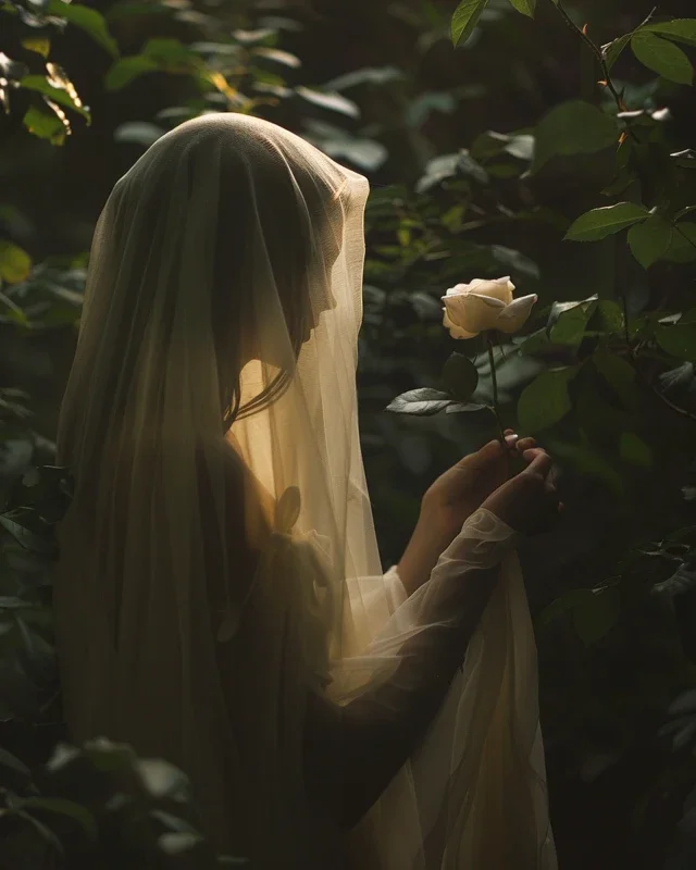 A woman in a veil holding a white rose amidst lush green foliage.