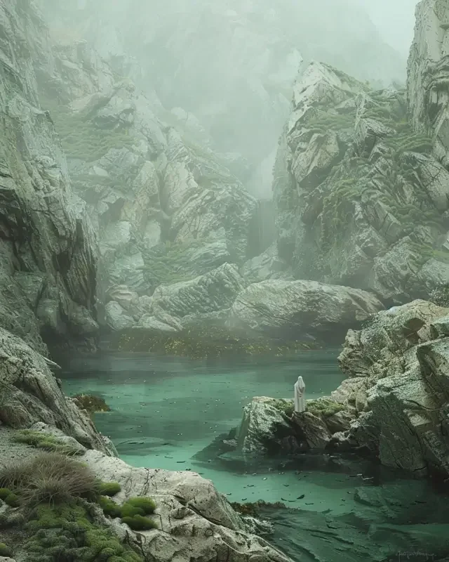 A foggy mountain landscape with tall rocky cliffs surrounding a clear, turquoise river. A solitary figure in white stands on a rock by the river, gazing at the scenery.