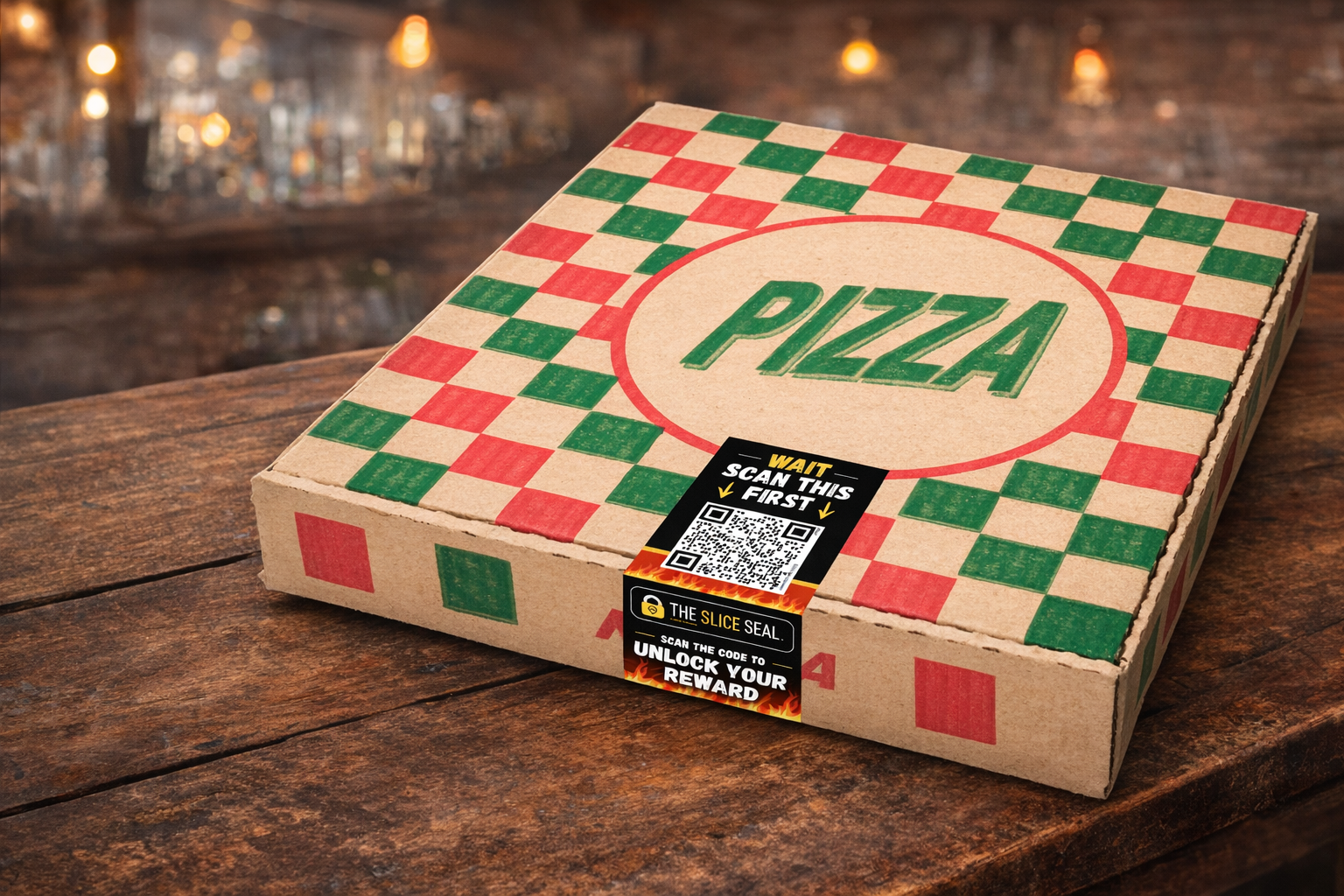 Pizza box with green and red checkered pattern, placed on wooden table, featuring a QR code and instruction labels for scanning to unlock reward.