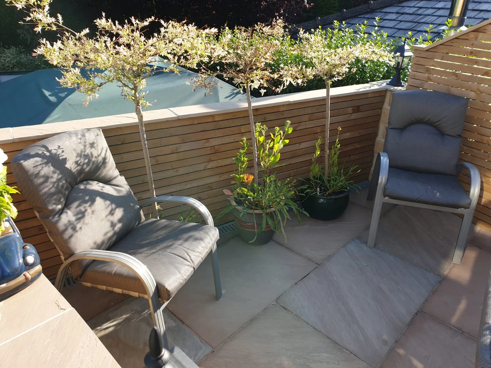 A small outdoor patio with two cushioned armchairs, potted plants, a wooden privacy fence, and trees with purple and green foliage.