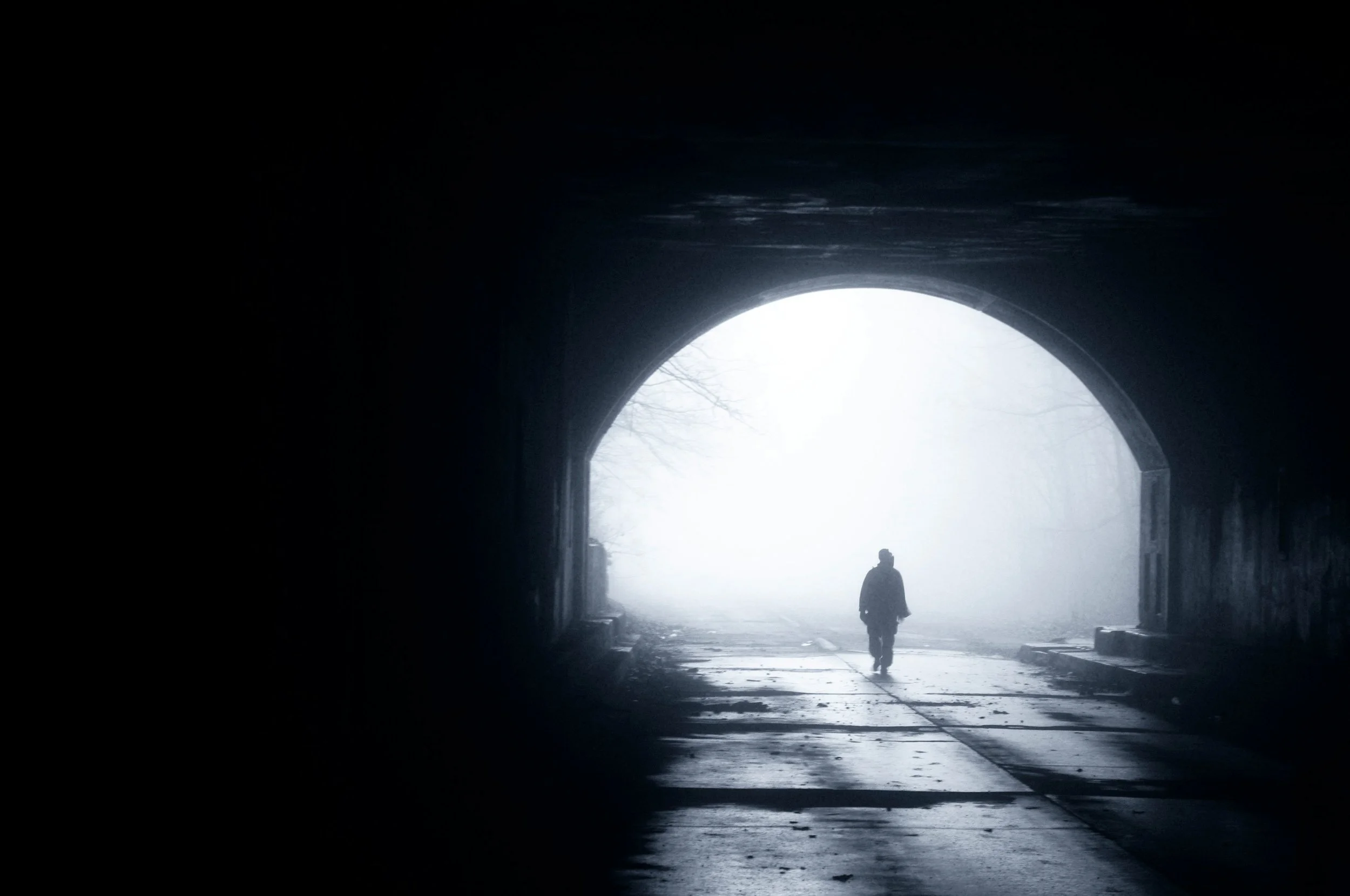 Silhouette of a solitary person walking through a dark arched tunnel toward bright, foggy daylight, representing human freedom and navigating the limits of power.