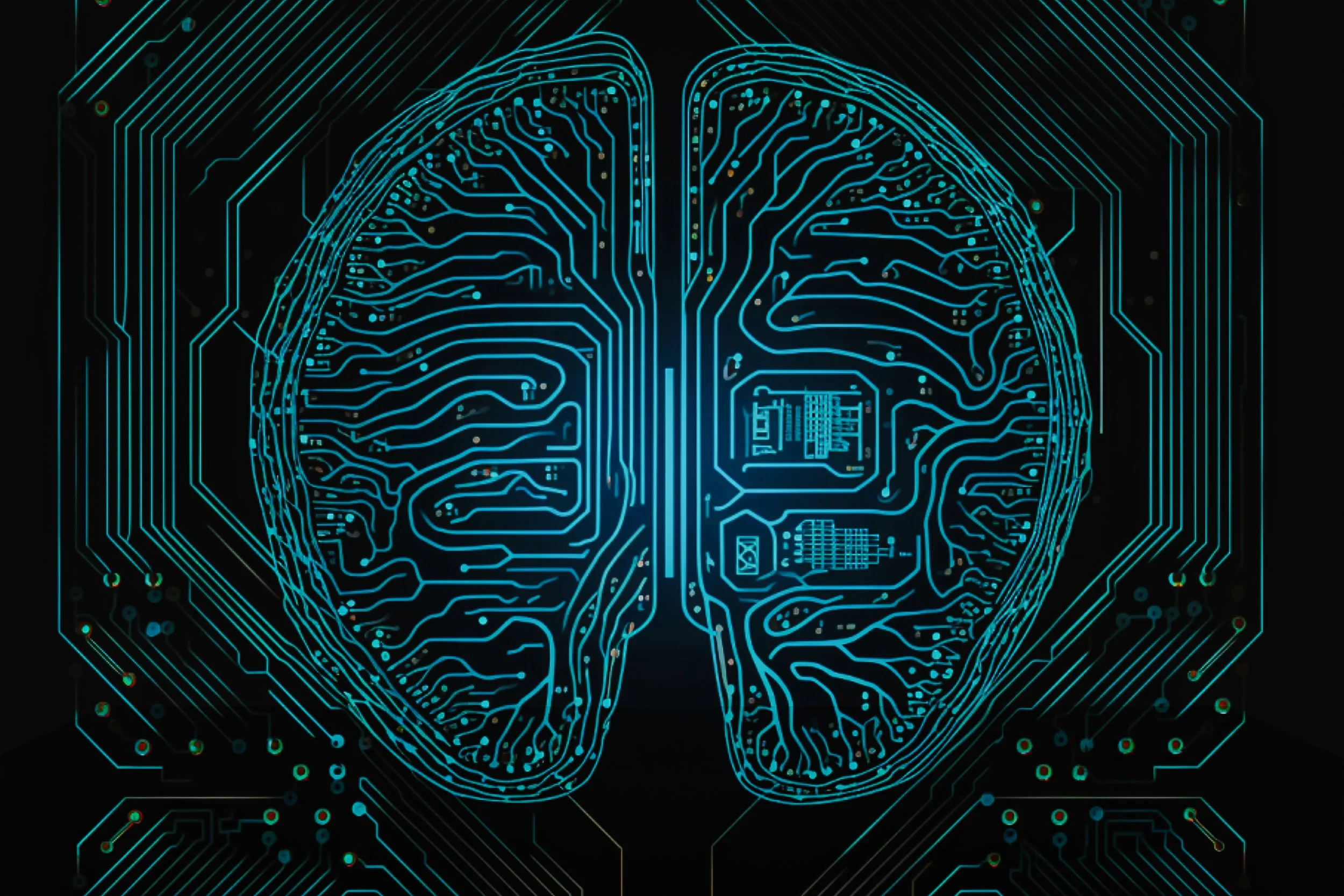 Digital brain made of glowing circuit lines representing artificial intelligence and neural networks.