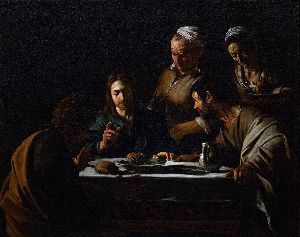 Caravaggio, Supper at Emmaus, 1606, Pinacoteca di Brera, Milan — the moment the disciples recognize Jesus.