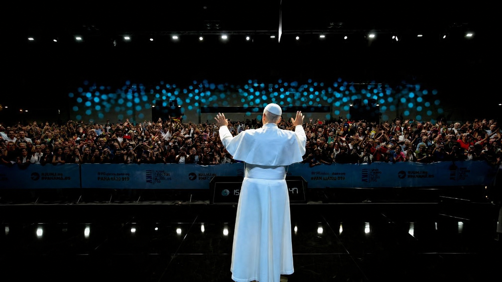Image of Pope Leo XIV facing the Rimini meeting audience
