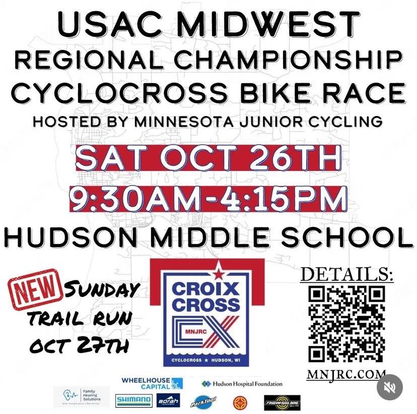 This weekend, mnjrc_ is hosting the Midwest regional championships in Hudson, WI! Local cross is winding down but the stakes are heating up! Also new this year is a trail run on Sunday. 

Pre registration closes tomorrow at 9am!

https://www.bikereg.