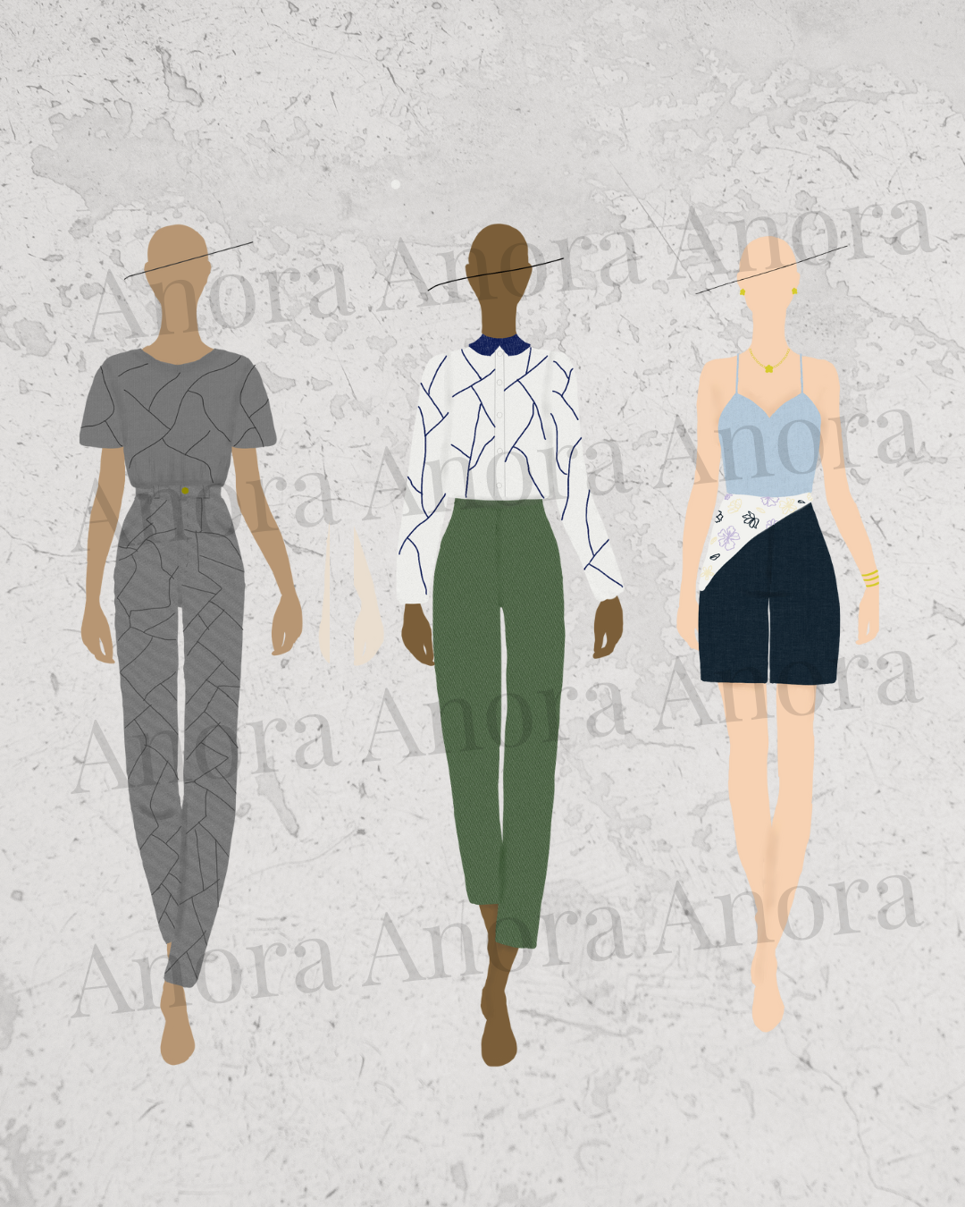 Three fashion illustrations of women in stylish outfits walking on a textured background.