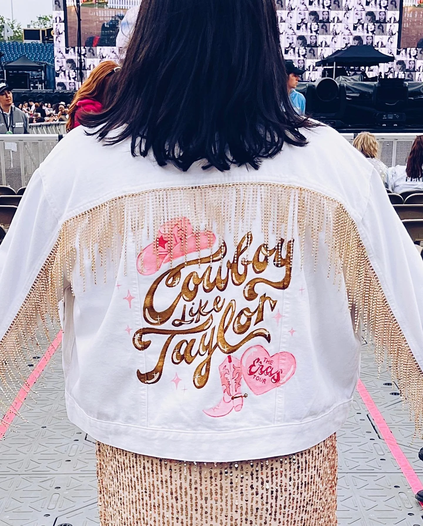 it&rsquo;s always fun to work on something for yourself every now &amp; then 💖 

#erastouroutfit #denimjacketpainting #erastour #cowboylikeme #taylorswift #diyerastour #handlettering #lettering #acrylicpainting #diy #13 #cowboyboots