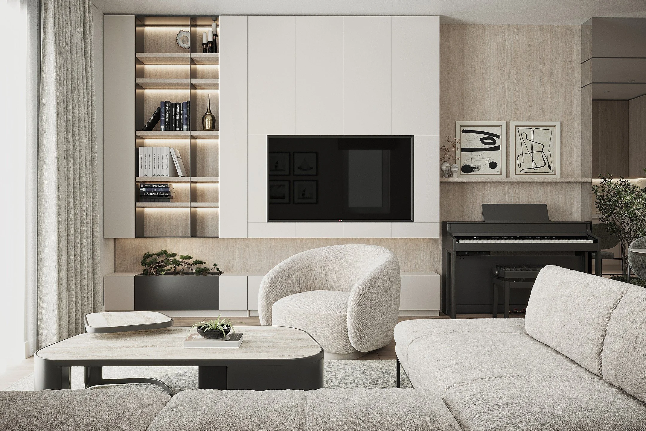 Neutral colors and soft lighting give this apartment in Lu&scaron;tica, Montenegro, an air of stylish coziness. Designed by @archifocus.me, visualized by @alexandra_arh12 
.
.
.
.
#architecture #design #interiordesign #montenegro #homedesign #home #m