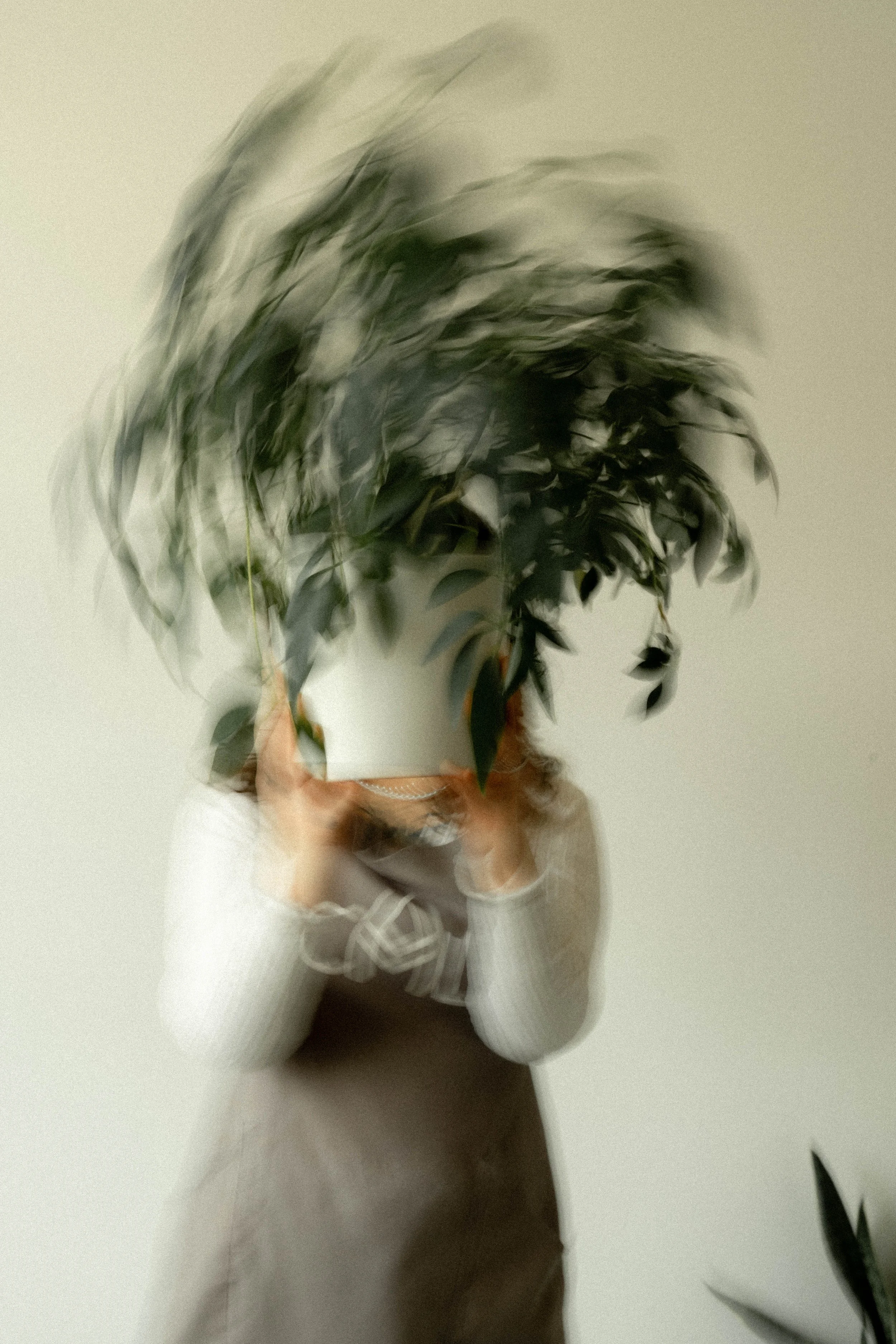 Une personne tenant un gros bouquet de feuilles vertes devant son visage, ce qui rend difficile de voir ses traits.