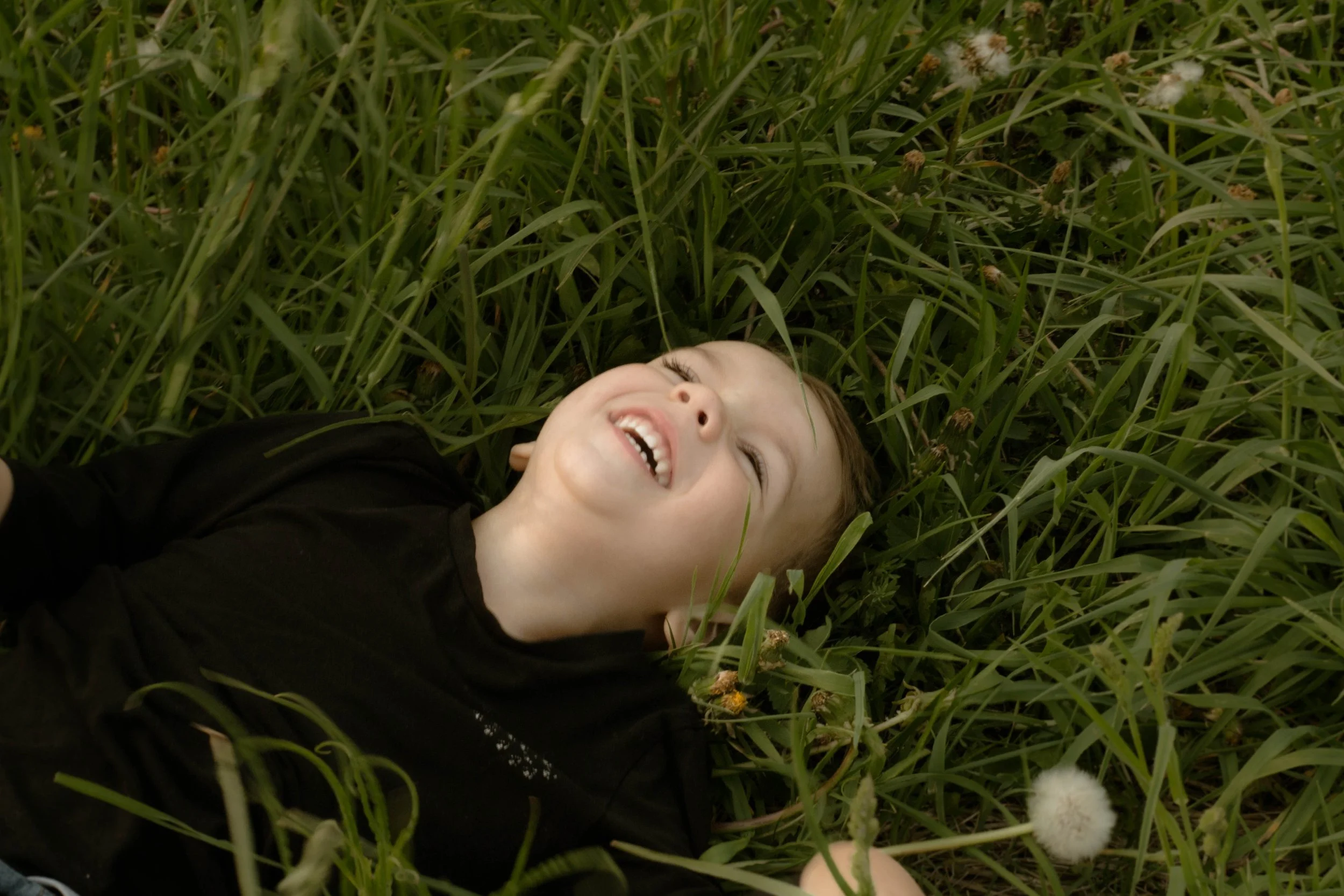 Enfant souriant allongé dans l'herbe verte avec des pissenlits autour