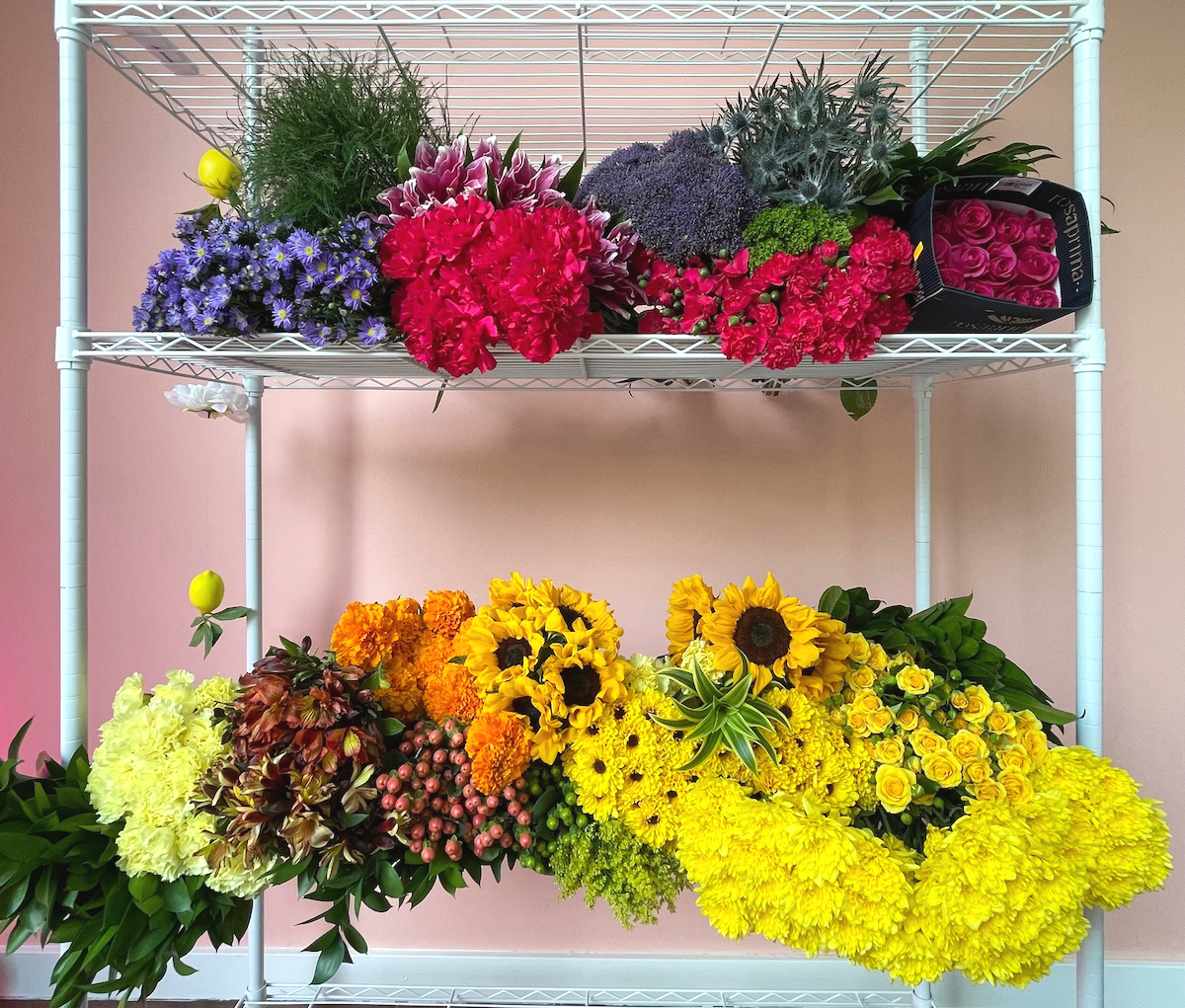 Seasonal fall flowers at Blūme Ruhm in Honolulu, featuring sunflowers, chrysanthemums, hydrangea, roses and colorful autumn blooms.