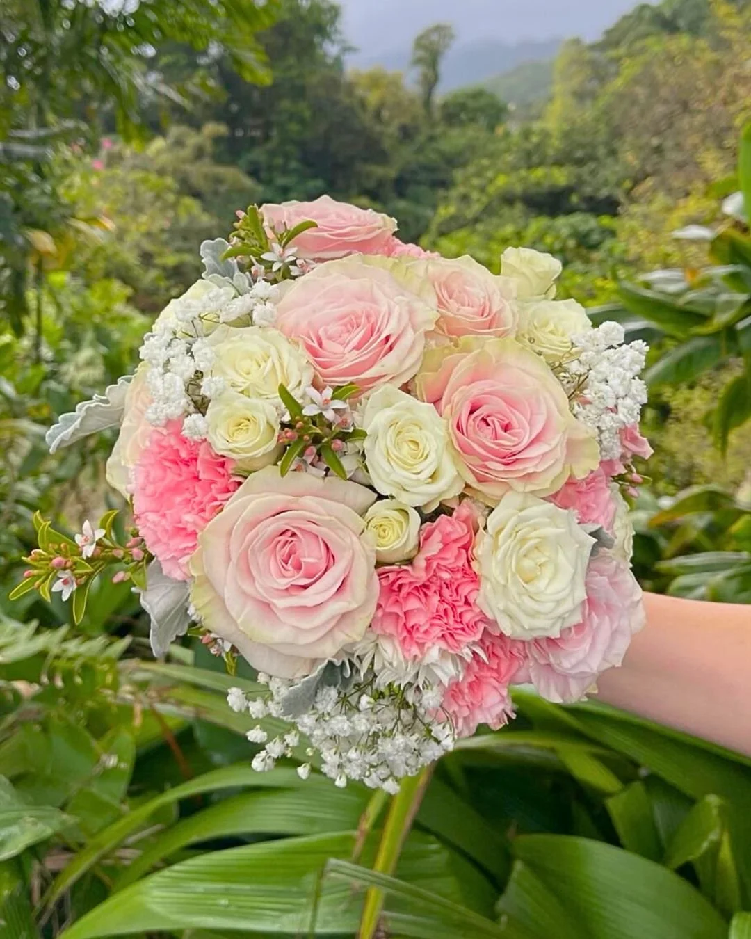 A bouquet of pink and white roses with small white flowers and green foliage, held outdoors against a background of trees and mountains.