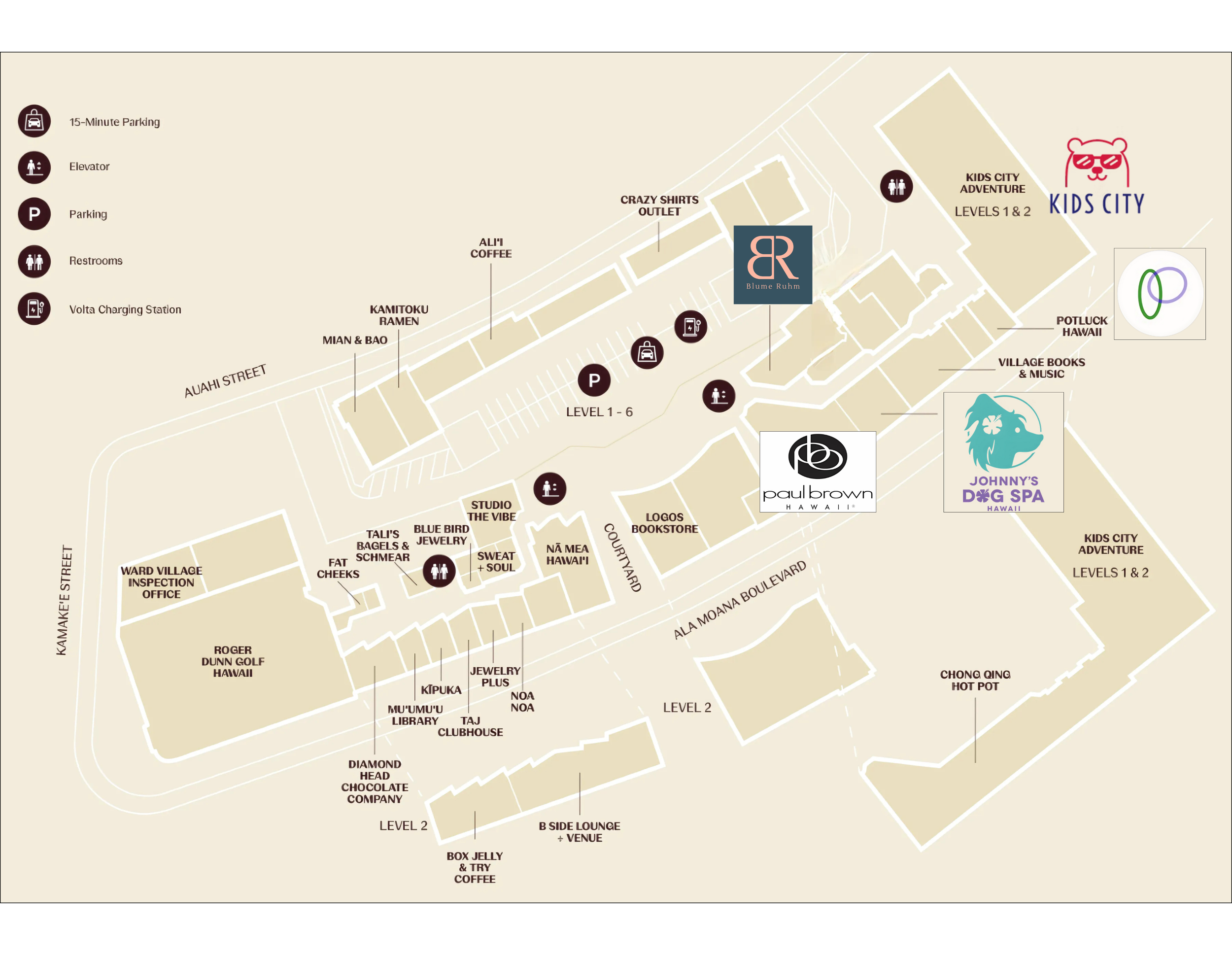 Map of a shopping mall showing stores, amenities, and levels, including Kids City, Johnny's Dog Spa, various food outlets, restrooms, parking, and charging stations.