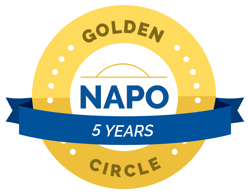 A Golden Circle badge from NAPO celebrating 5 years in business as a professional home organizer