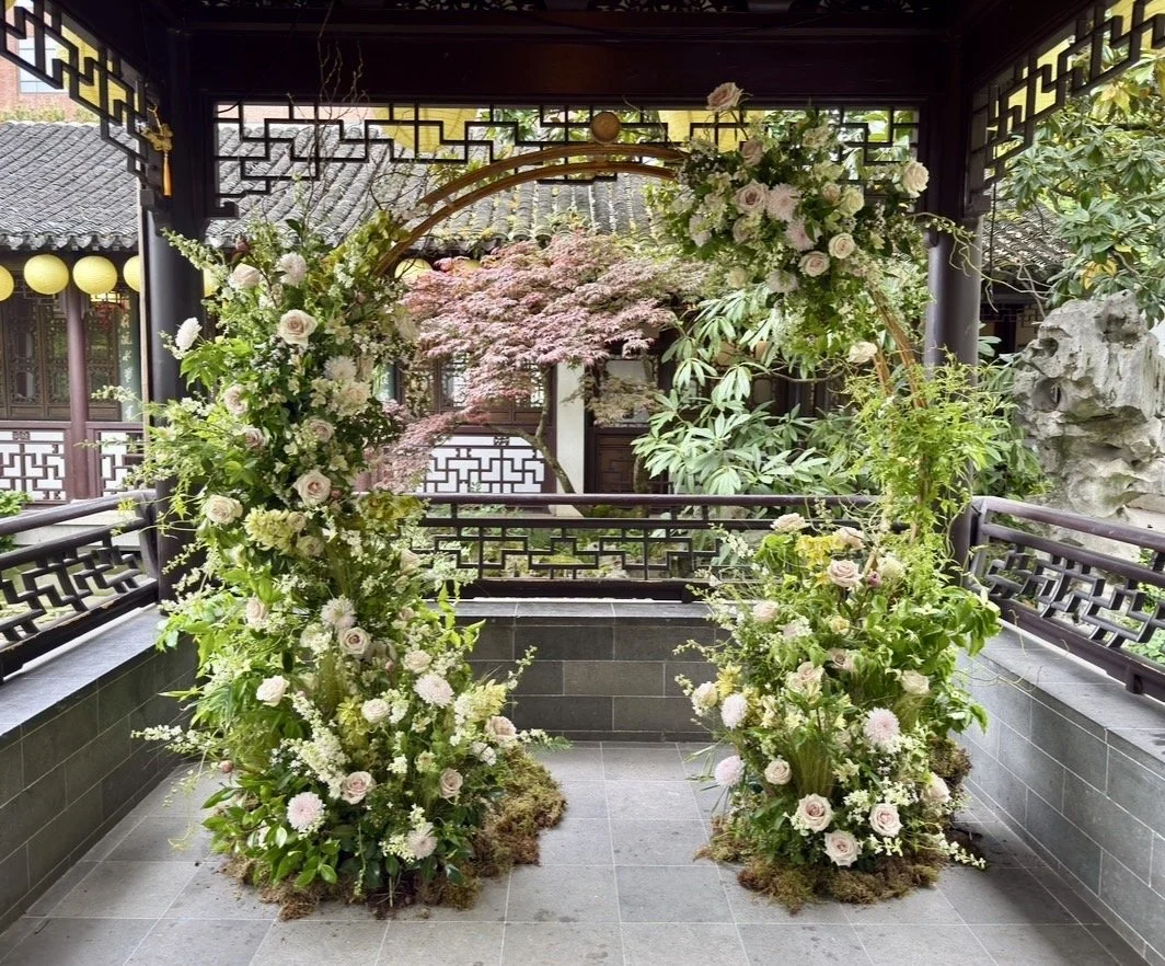 Michael Martin's floral installation at Lan Su Chinese garden