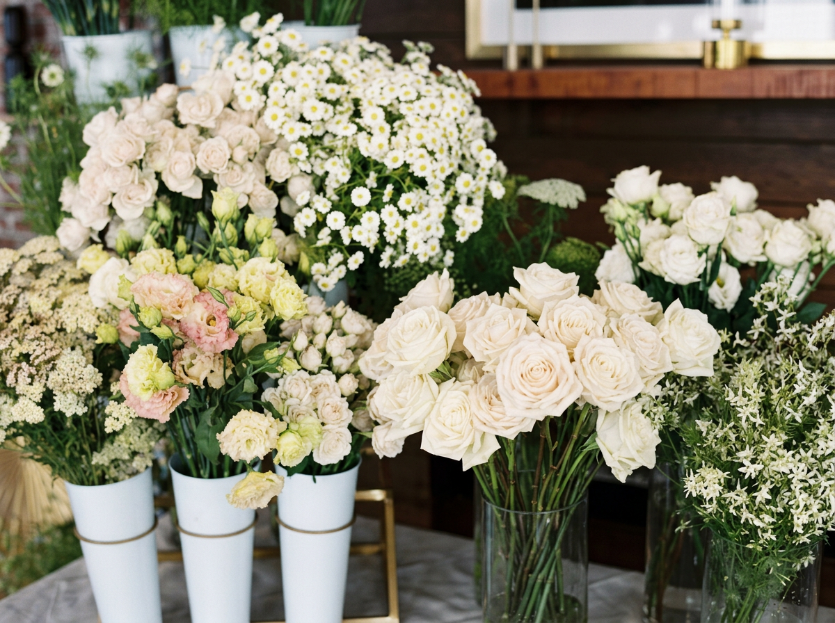 Bouquet bar with blush, cream and green seasonal flowers at a Portland event