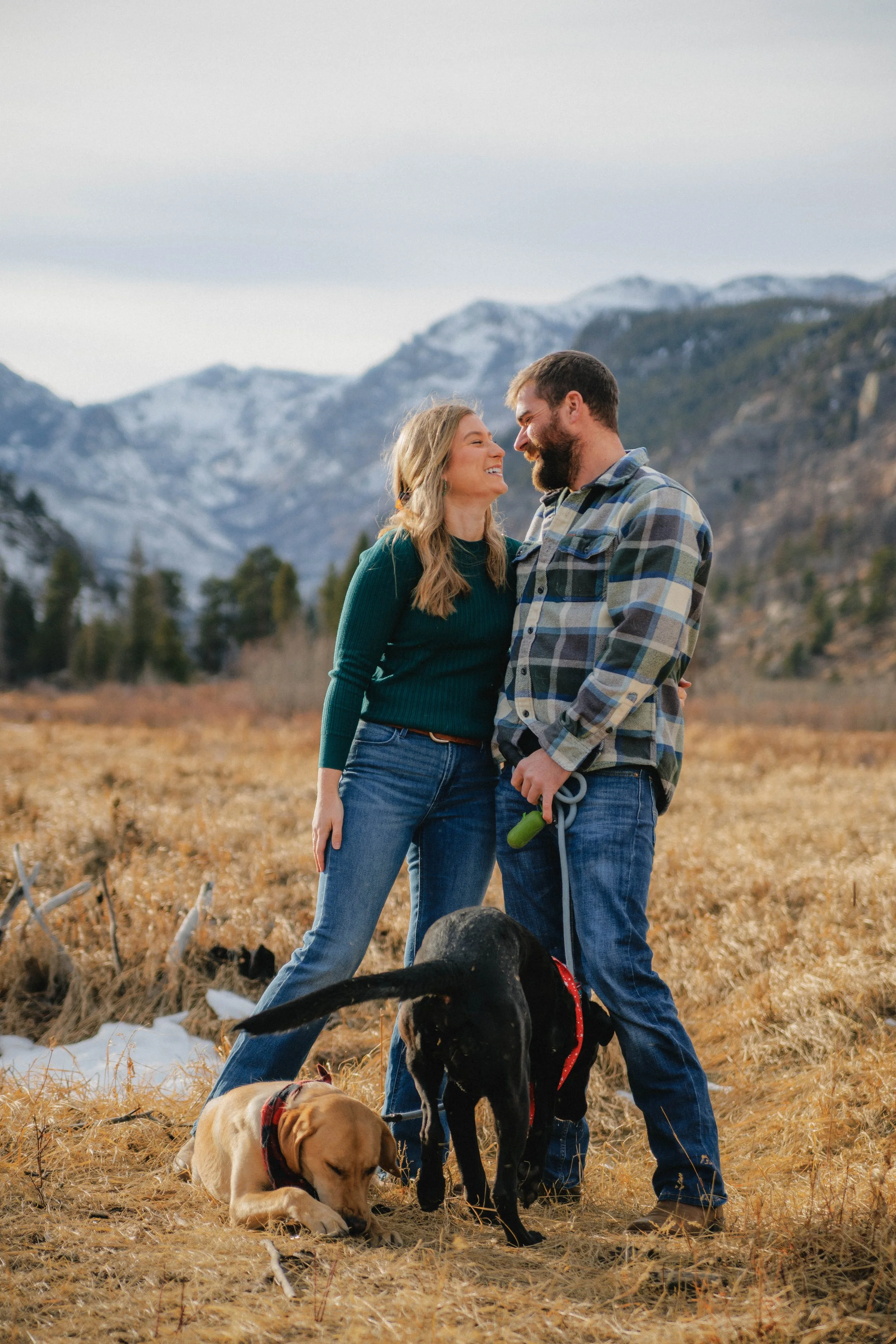 A couple smiling at each other in a scenic outdoor setting with mountains in the background. They are surrounded by dry grasslands and accompanied by two dogs, one black and one brown, both wearing harnesses.