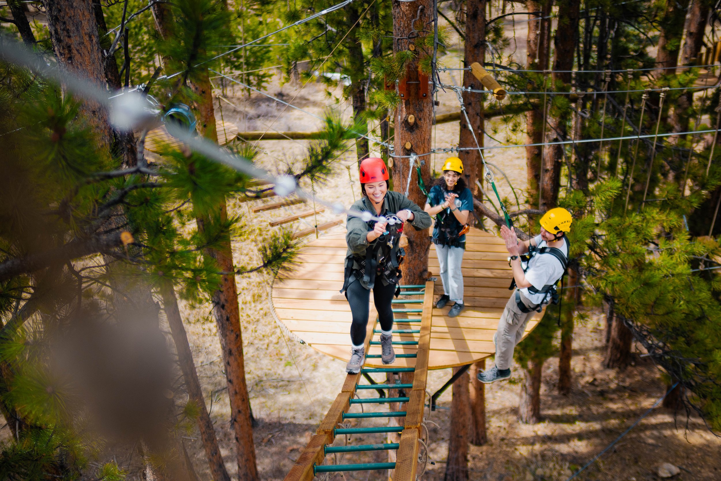 People navigating a ropes course in a forest, wearing helmets and safety gear.