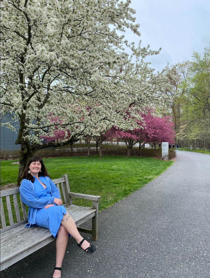 Woman in blue dress sitting on a park bench.