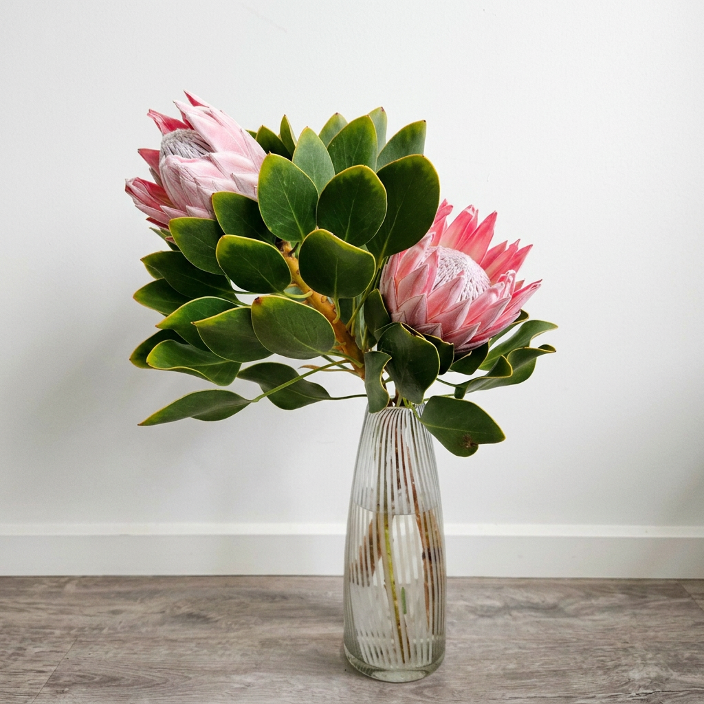 A glass vase with pink protea flowers and large green leaves on a wooden surface against a white background.