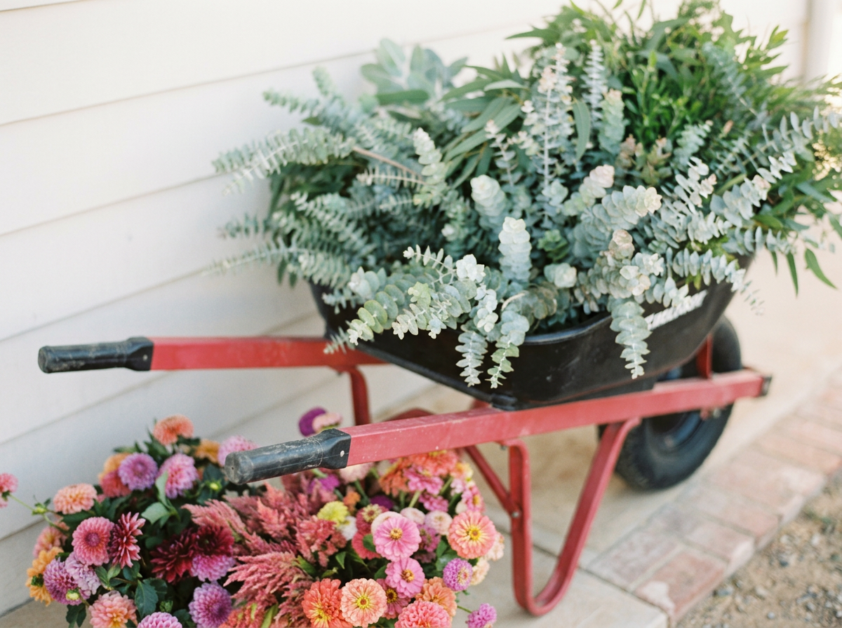 A red wagon filled with green plants, placed on a brick sidewalk near a white wall, with pink and orange flowers in front.