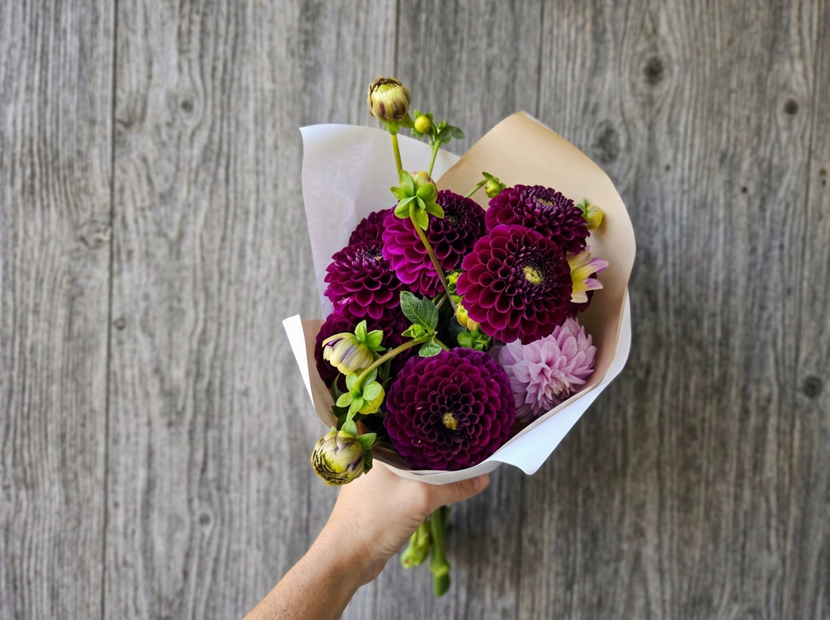 Hand holding a bouquet of purple, pink, and green flowers wrapped in white paper